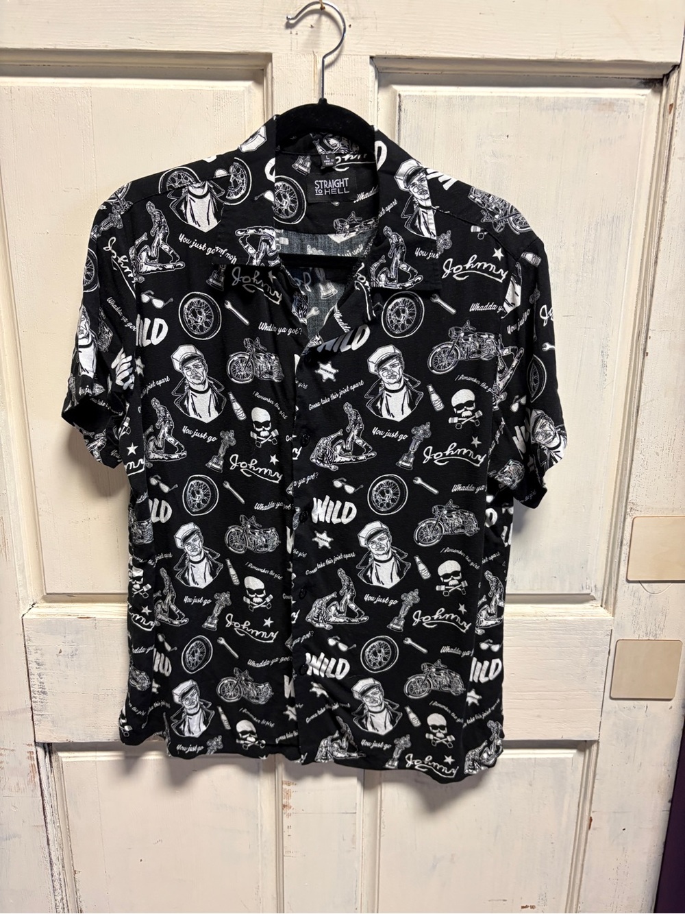 Straight To Hell Black Short-Sleeve Button-Down Shirt with White Graphic Print